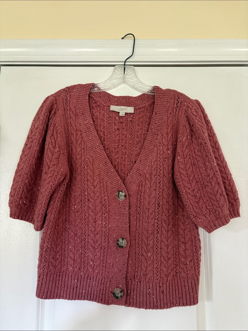 LOFT Rose Cable Knit Puff-Sleeve Button Cardigan